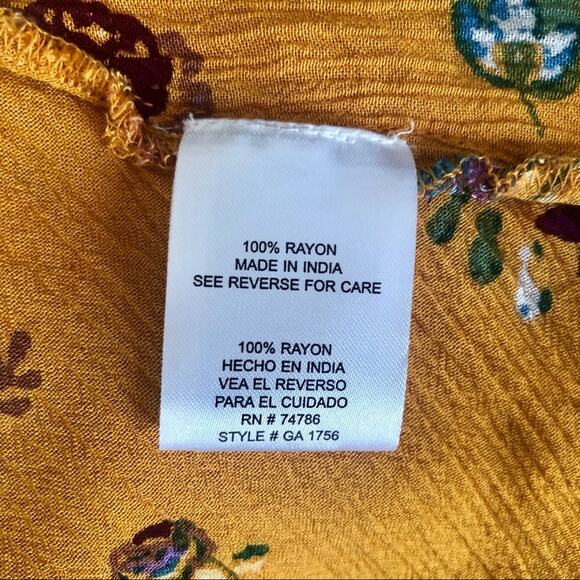 I The Wild Dress Women M Mustard Floral Faux Wrap Bell Sleeve Surplice Rayon - Picture 10 of 12